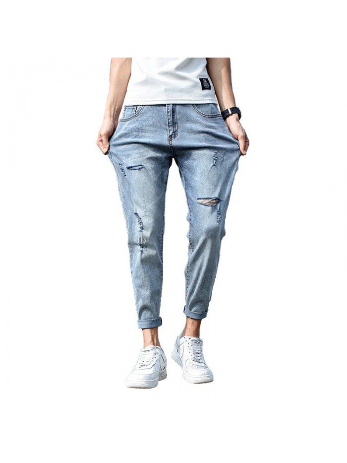 Spring and summer new fashion brand jeans men's Korean slim hole Leggings men's fashion casual elastic pants 