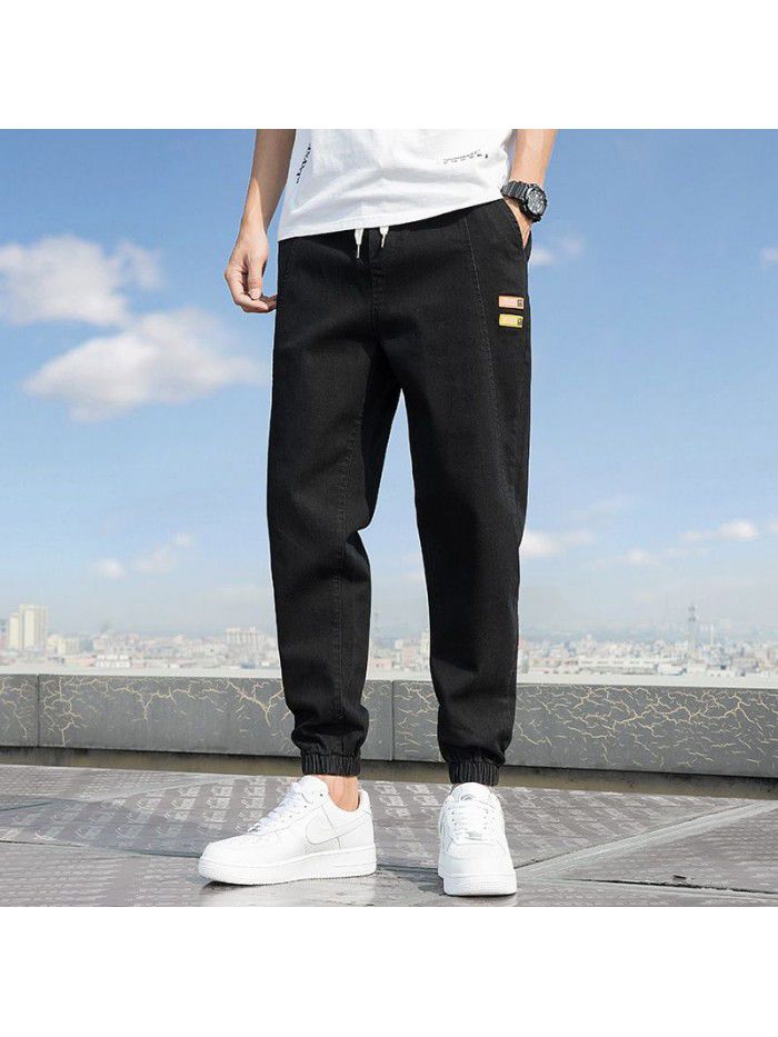 Spring and summer new jeans men's trendy brand loose legged Harlan pants men's casual drawstring elastic legged pants 