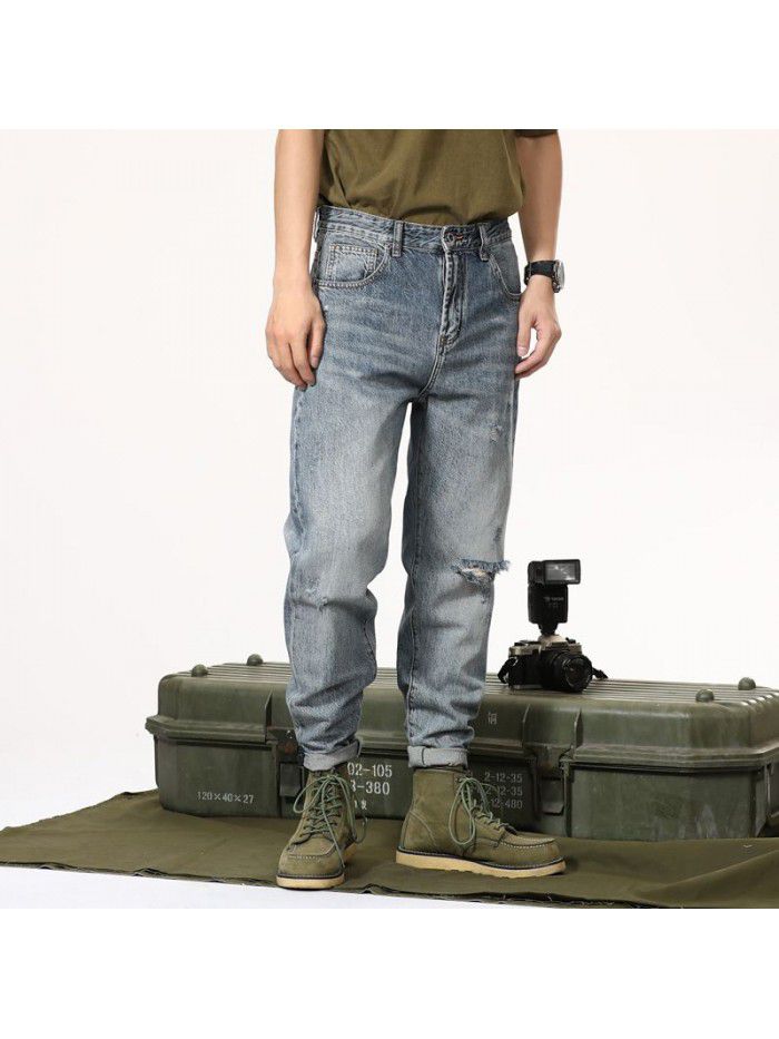 Cross border jeans men's spring and summer new fashion brand loose large size Harem Pants trend youth leisure long pants with holes 