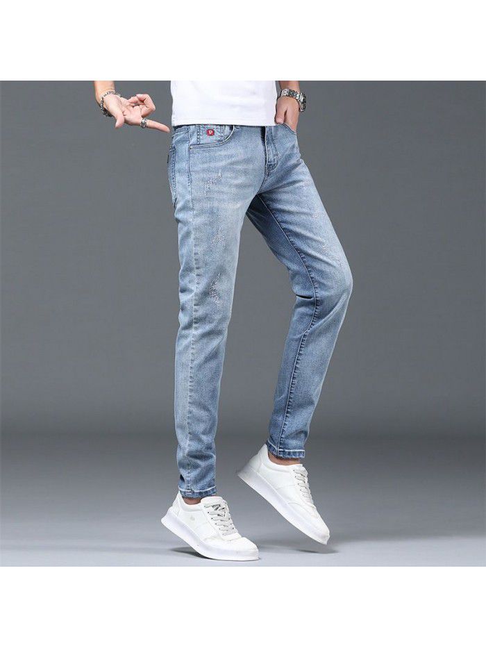 Washed stretch jeans men's spring and summer new fashion brand Korean slim Leggings men's trend youth leisure pants 