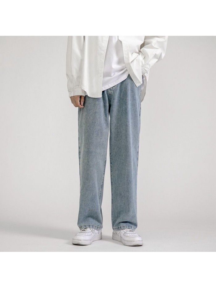 Spring and summer new jeans men's fashion brand loose straight tube wide leg pants men's fashion Korean casual daddy pants 