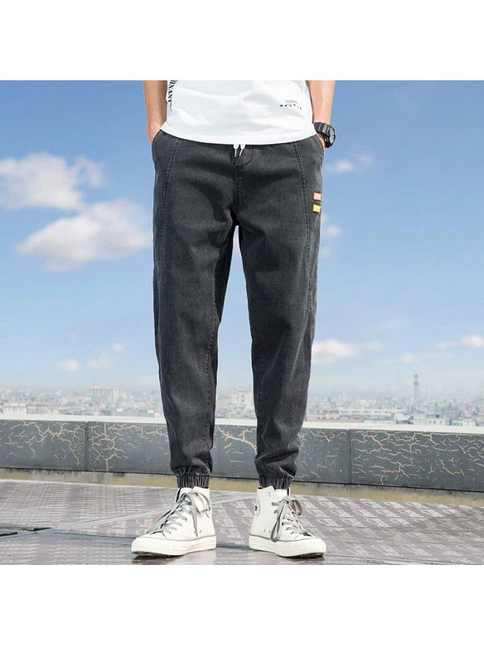 Spring and summer new jeans men's trendy brand loose legged Harlan pants men's casual drawstring elastic legged pants 