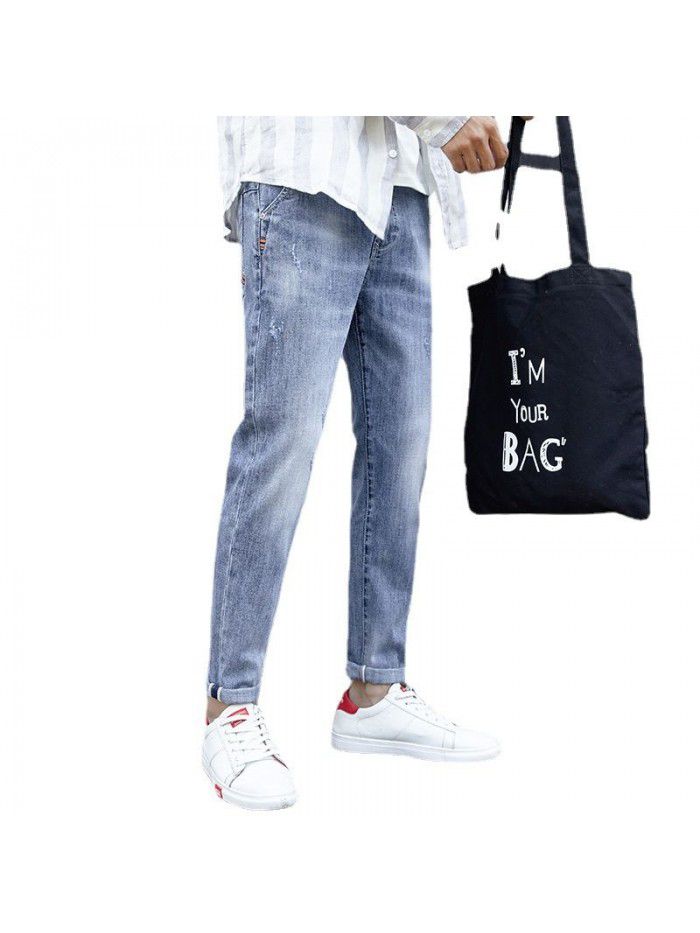 Spring and summer new jeans men's Korean slim fit elastic pants men's trend youth casual pants 