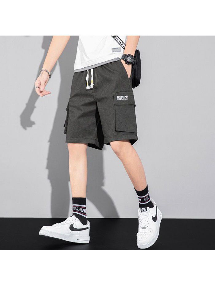New Summer Shorts men's pants straight tube solid color overalls men's youth casual Capris men's pants 