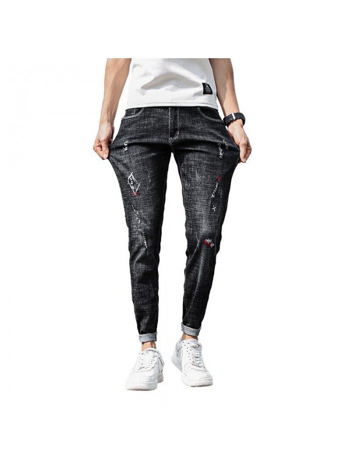 Spring and autumn men's jeans slim fit small foot casual Capris men's Korean fashion brand  spring new 