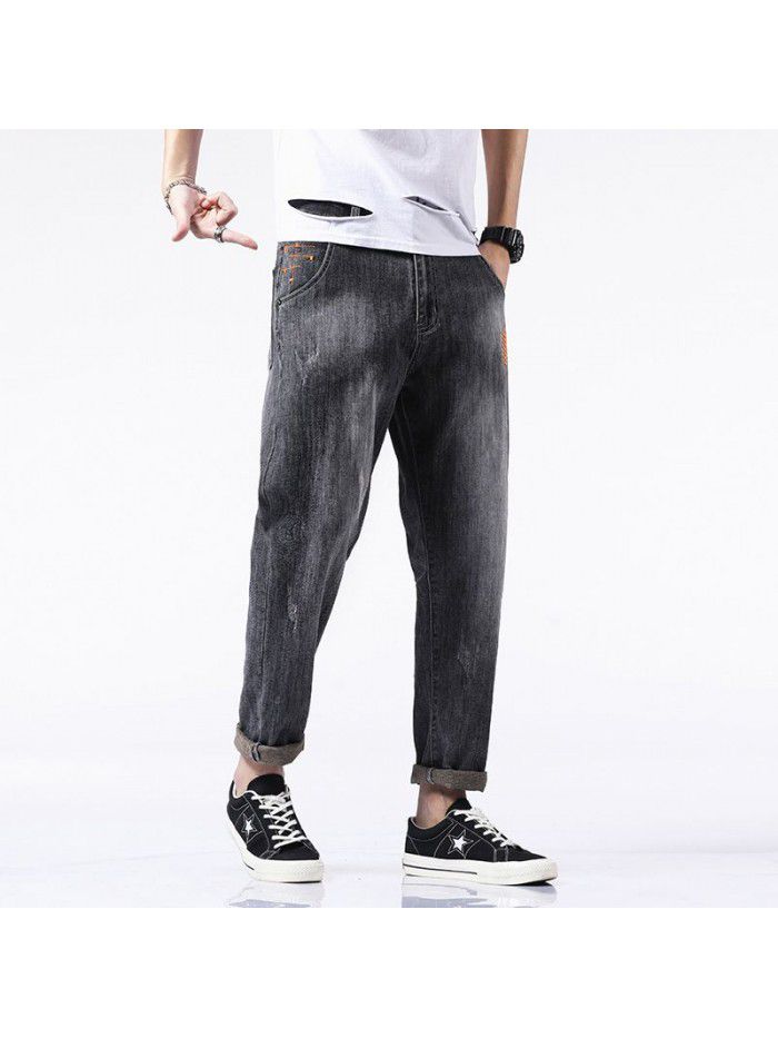 Spring and summer new embroidered stretch jeans men's fashion brand loose straight pants men's Korean casual harem Capris 