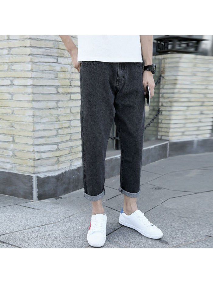 Spring and summer new jeans men's fashion brand loose straight tube daddy pants men's Korean fashion casual harem Capris 