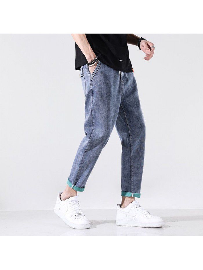 Spring and summer new jeans men's fashion brand loose straight pants men's youth Korean fashion casual stretch Capris 