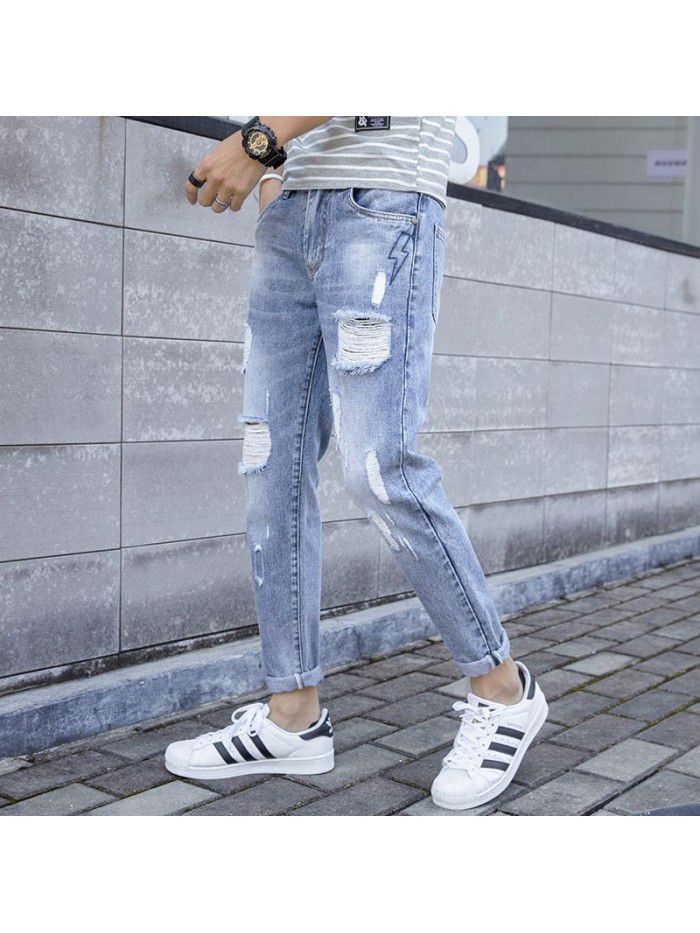 Spring and summer new men's trendy brand washed hole jeans men's Korean fashion casual slim pants 