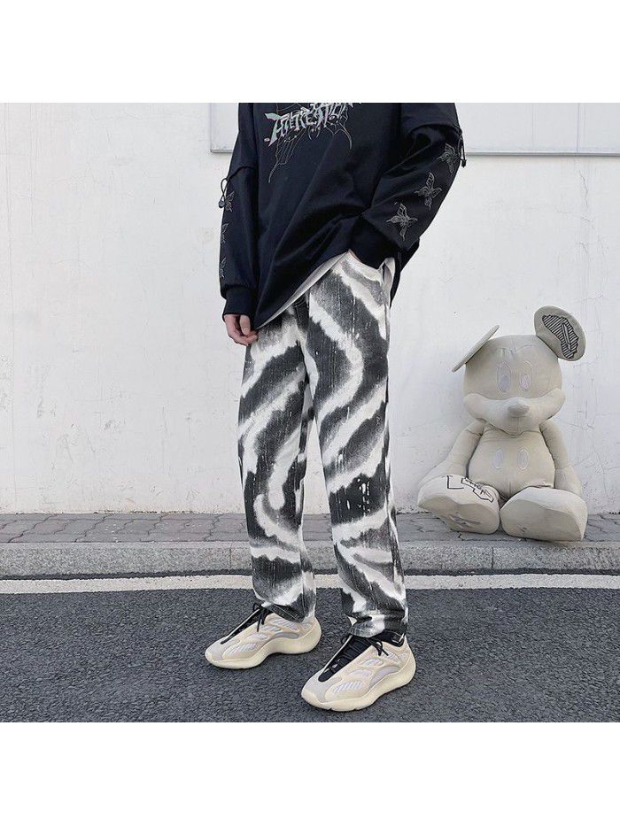 Spring and summer  New Retro loose straight jeans men's trendy Hong Kong tie dye drop casual wide leg pants 