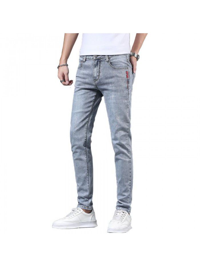 Spring and summer thin washed jeans men's Korean Trend slim pants men's casual elastic pants 
