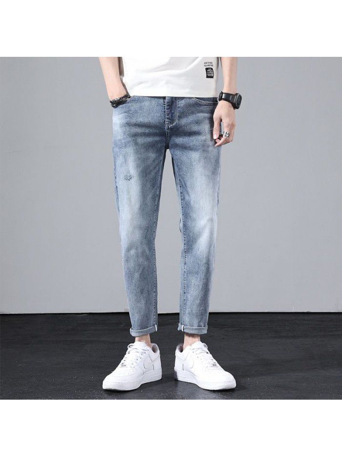 Jeans men's fashion brand new spring loose straight pants men's youth Korean leisure Harlan stretch Capris 