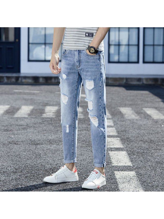 Spring and summer new fashion brand pierced jeans men's Korean casual Leggings men's fashion youth casual Capris 