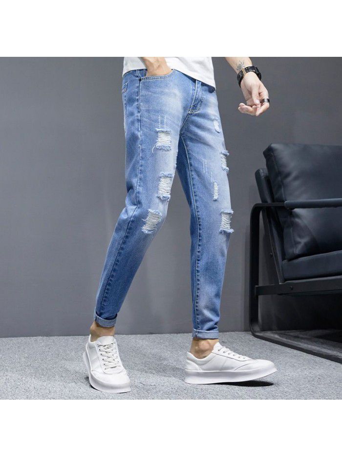 Hole jeans men's fashion brand spring summer Korean slim Leggings men's fashion simple casual quarter pants 