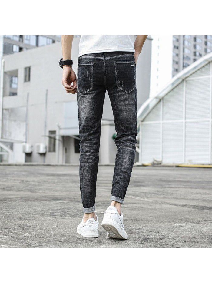 Spring and summer new fashion brand jeans men's Korean version slim personality trend fashion simple casual small foot quarter pants 