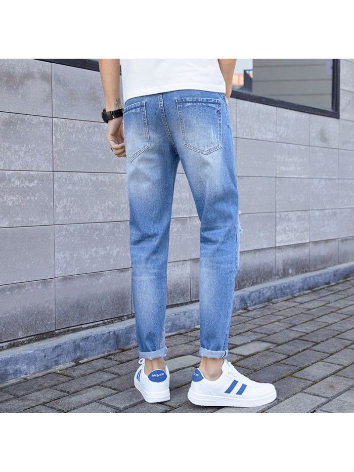 Fashion brand washed jeans men's spring and summer new hole slim Leggings men's fashion casual Capris 