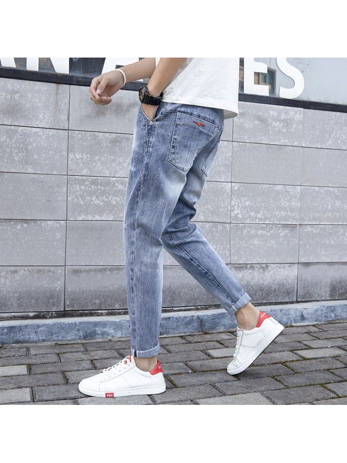 Spring and summer new jeans men's Korean slim fit elastic pants men's trend youth casual pants 