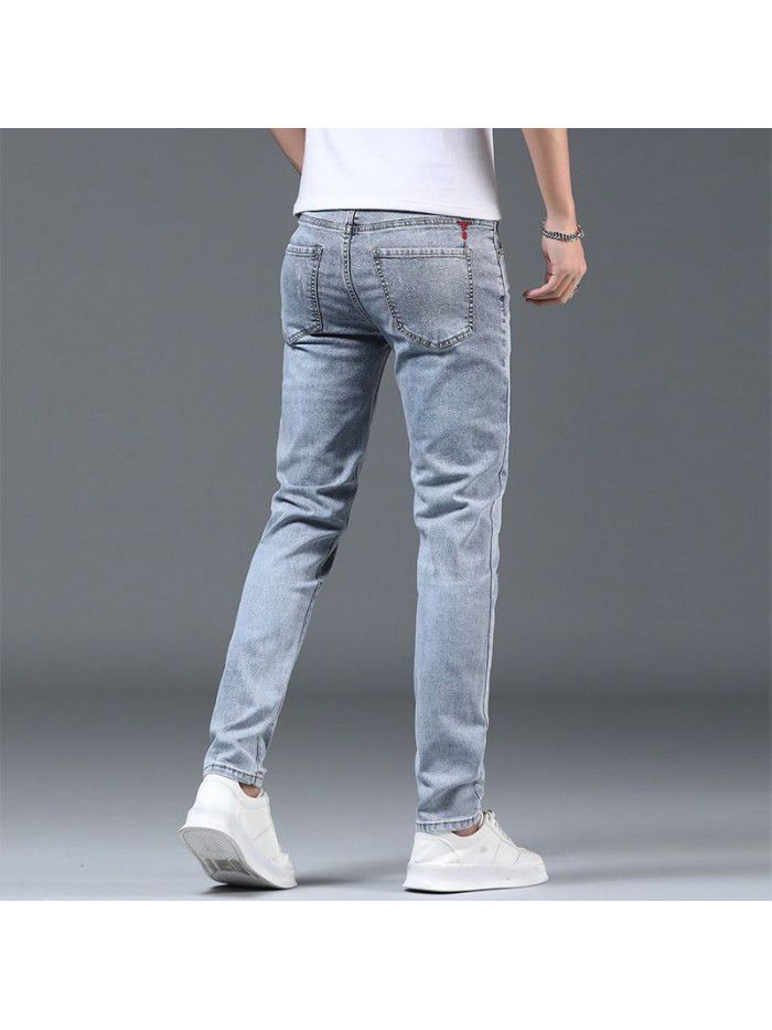 Spring and summer thin washed jeans men's Korean Trend slim pants men's casual elastic pants 