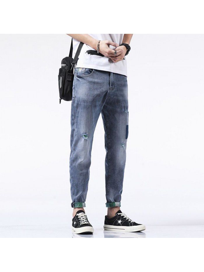 Stretch holed jeans men's fashion brand loose feet Harlan pants men's fashion youth fashion casual Capris 