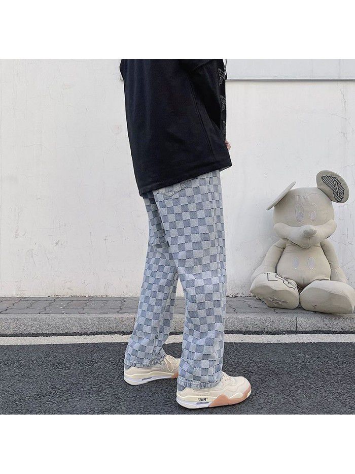spring and summer new Plaid jeans men's loose straight pants net red street hip hop wide leg skateboarding pants 