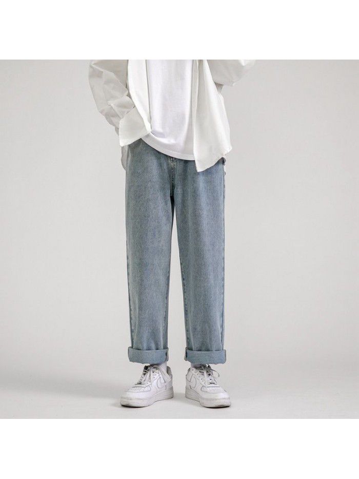 Spring and summer new jeans men's fashion brand loose straight tube wide leg pants men's fashion Korean casual daddy pants 