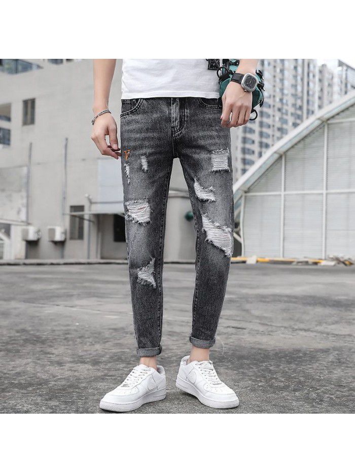 spring and summer new jeans men's Korean slim Leggings men's fashion simple casual Capris 
