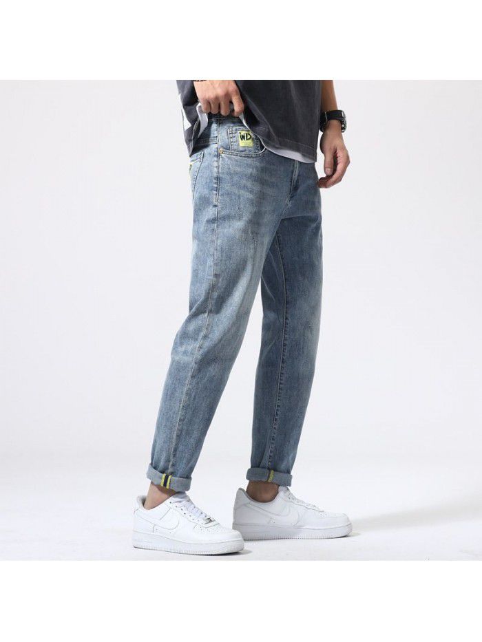 Spring and summer new fashion brand jeans men's loose large casual Capris Korean Trend elastic straight pants 