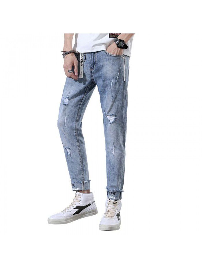 Spring and summer new jeans men's Korean slim Leggings men's fashion simple casual stretch Capris 