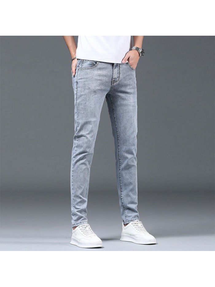Spring and summer thin washed jeans men's Korean Trend slim pants men's casual elastic pants 