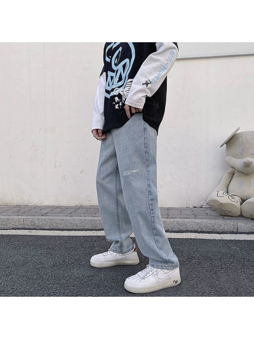 Hong Kong style straight tube wide leg jeans men&#...