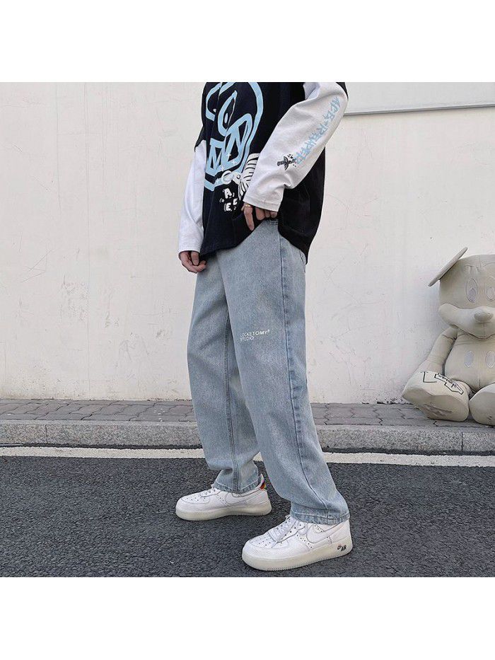 Hong Kong style straight tube wide leg jeans men's  spring and summer new casual Street loose dad skateboard mop pants 