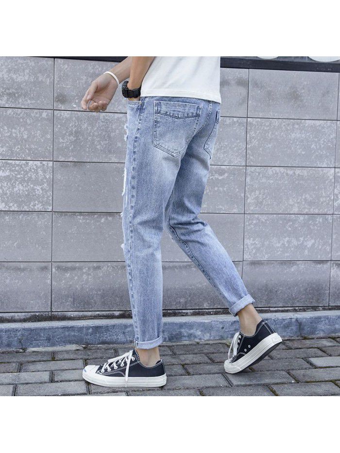  spring and summer new perforated jeans men's Korean slim Leggings men's trend youth casual Capris 