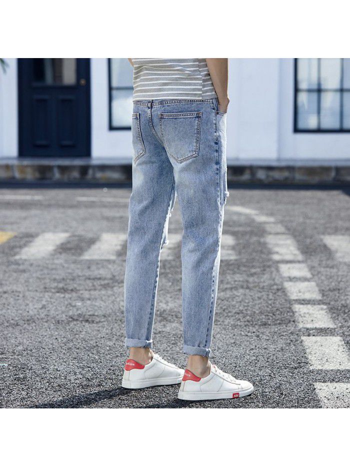 Hole jeans men's spring and summer new fashion brand Korean slim Leggings men's youth fashion casual Capris 