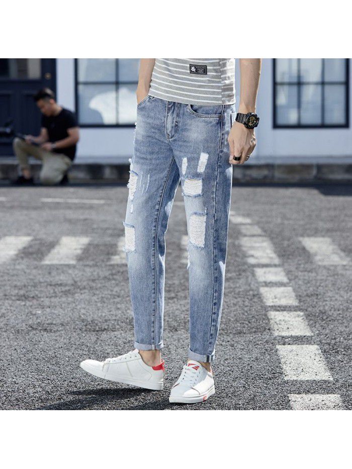 Spring and summer fashion brand jeans men's slim fit Korean leg pants men's youth trend holed casual harem Capris 
