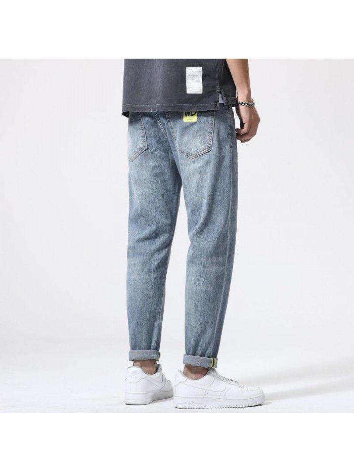 Spring and summer new fashion brand jeans men's loose large casual Capris Korean Trend elastic straight pants 