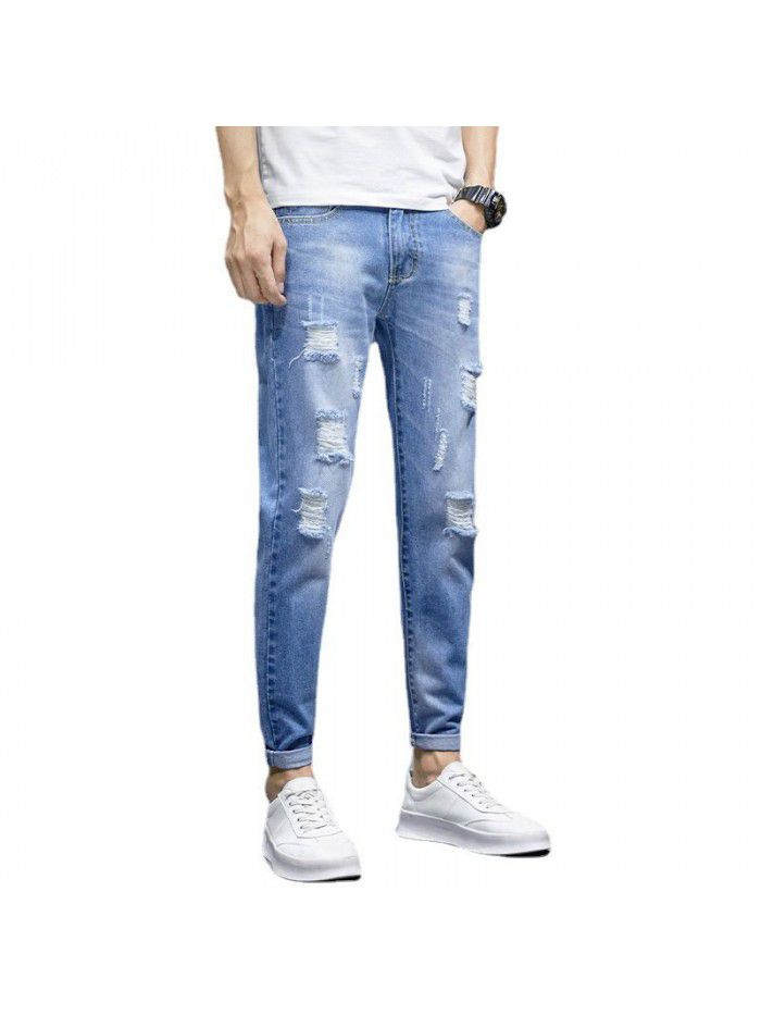 Hole jeans men's fashion brand spring summer Korean slim Leggings men's fashion simple casual quarter pants 
