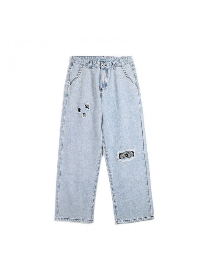 Spring and summer new fashion brand wash patch jeans men's loose straight pants men's fashion casual wide leg pants 