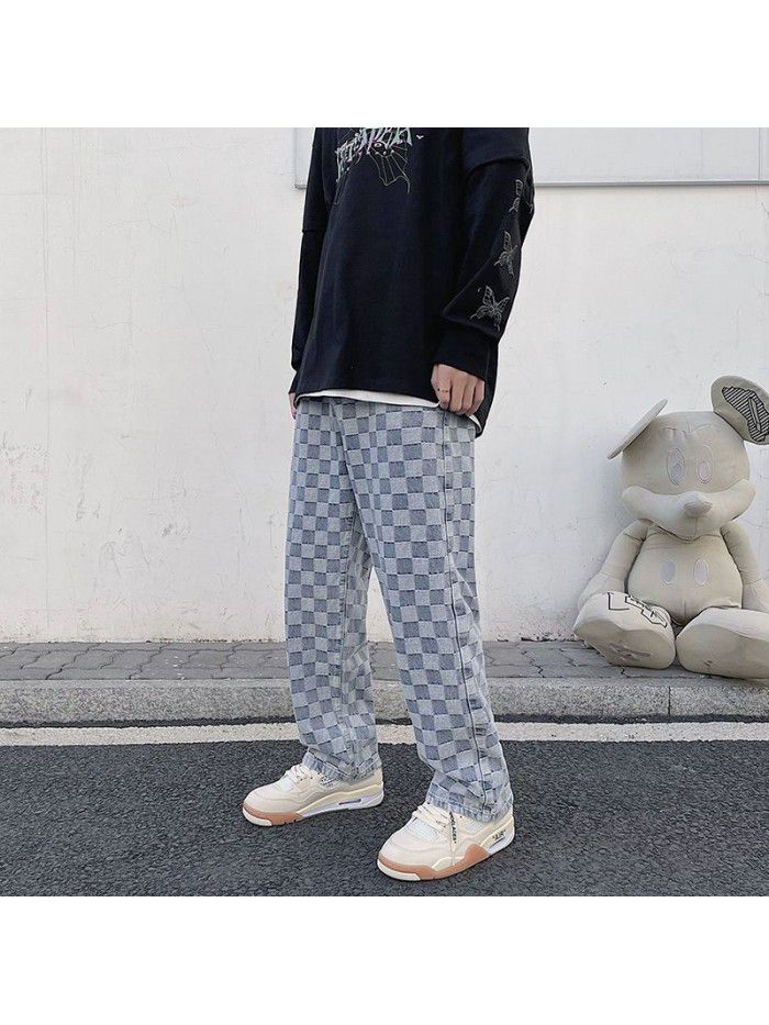 spring and summer new Plaid jeans men's loose straight pants net red street hip hop wide leg skateboarding pants 
