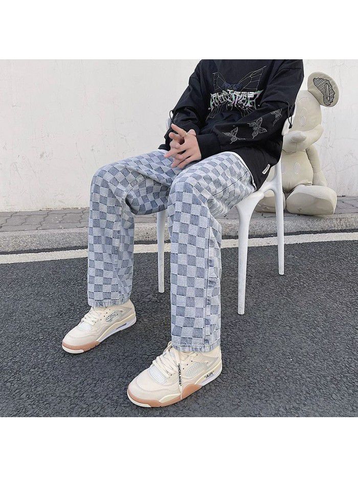 spring and summer new Plaid jeans men's loose straight pants net red street hip hop wide leg skateboarding pants 