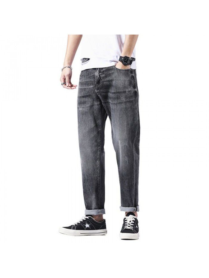 Spring and summer new fashion brand jeans men's loose straight elastic pants men's fashion Korean casual harem Capris 