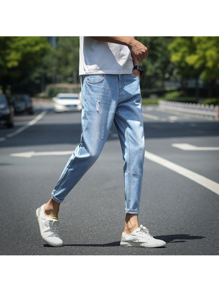 Spring and summer new fashion brand pierced jeans men's Korean slim pants men's trend youth casual Capris 