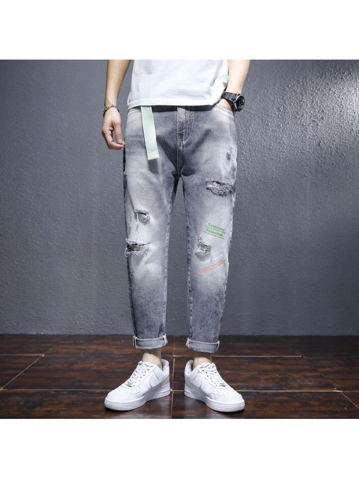  spring new perforated jeans men's fashion brand loose straight pants men's youth casual Capris 