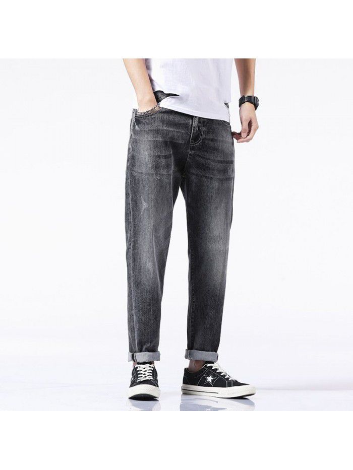 Spring and summer new fashion brand jeans men's loose straight elastic pants men's fashion Korean casual harem Capris 