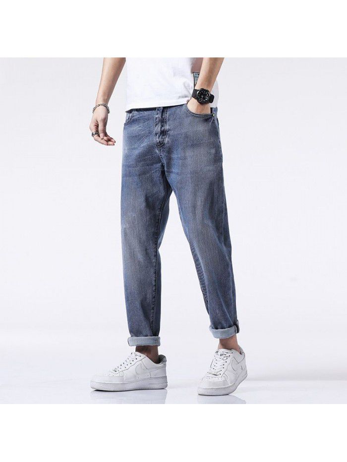 Spring and summer new jeans men's fashion brand loose straight tube Harem Pants men's fashion youth leisure elastic Capris 
