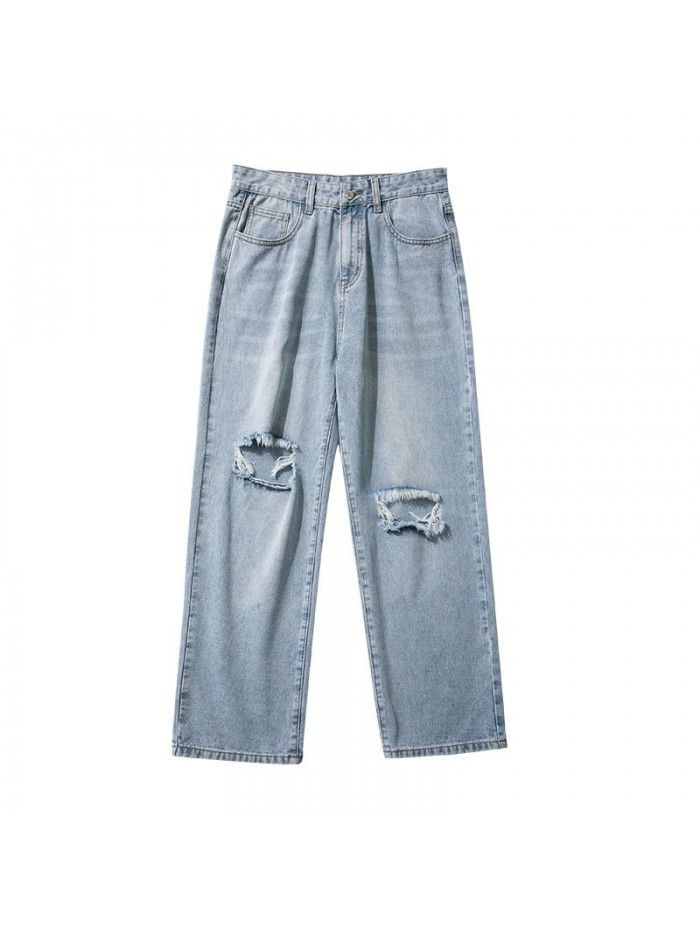 Spring and summer new fashion brand pierced jeans men's loose straight pants men's fashion youth leisure wide leg Harem Pants 