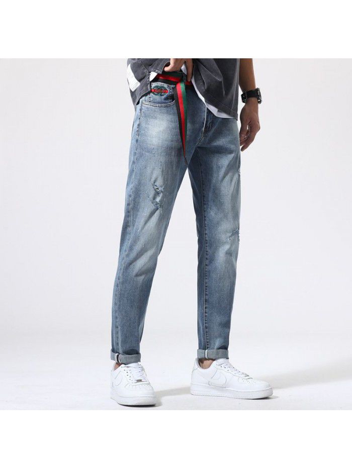 Men's jeans spring and summer new fashion brand loose straight tube Harem Pants men's youth leisure elastic large pants 