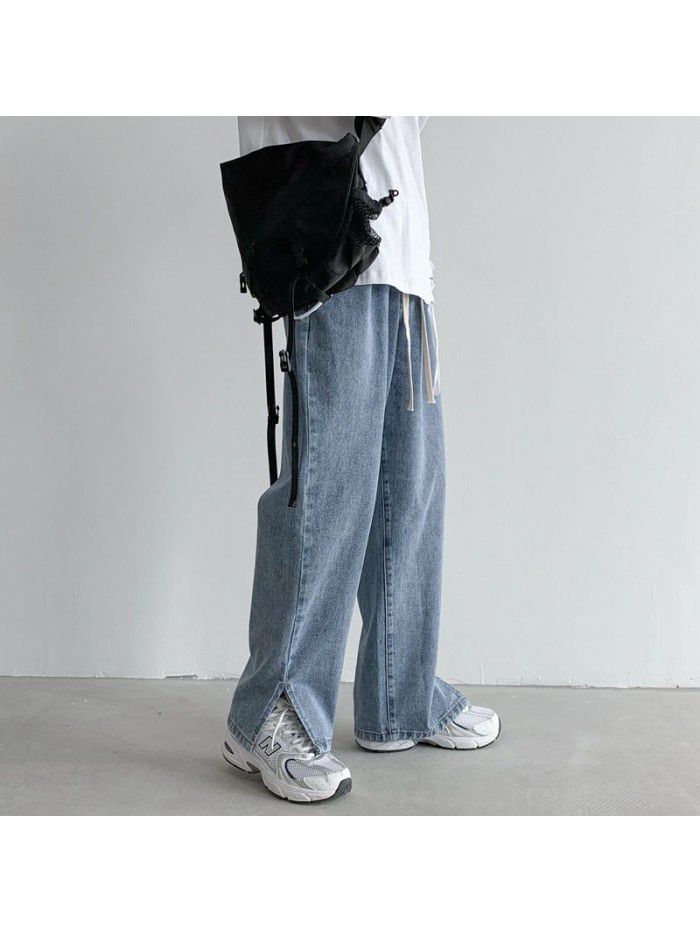Spring and summer new slit drawstring jeans men's fashion brand loose straight wide leg pants men's Korean casual daddy pants 