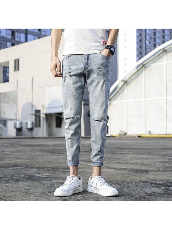 Spring and summer new hole jeans men's Korean slim Leggings men's fashion casual stretch quarter pants 