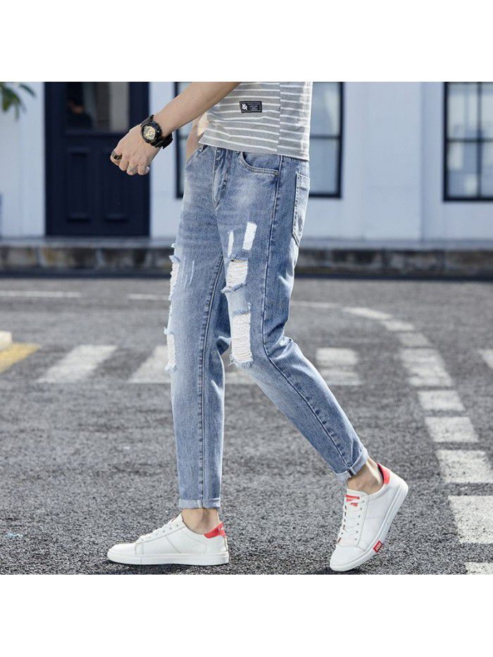 Spring and summer fashion brand jeans men's slim fit Korean leg pants men's youth trend holed casual harem Capris 
