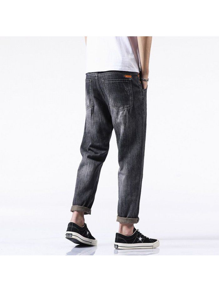 Spring and summer new embroidered stretch jeans men's fashion brand loose straight pants men's Korean casual harem Capris 